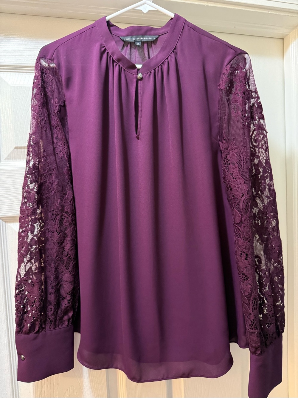 White House Black Market Plum Lace-Sleeve Blouse size 12